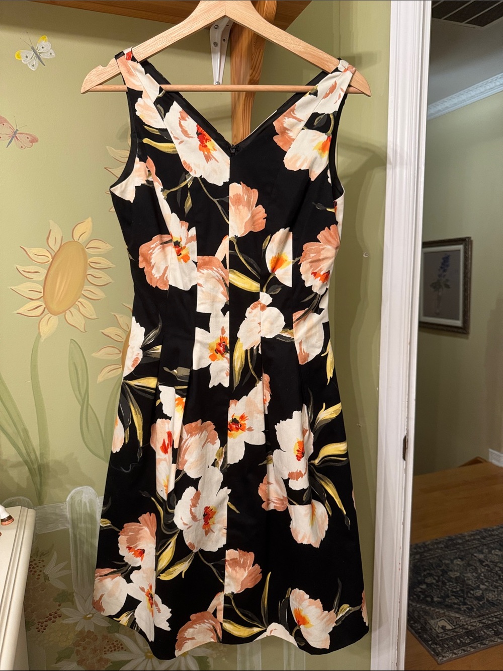 Floral V-Neck A-Line Dress Black with Peach & White Flowers